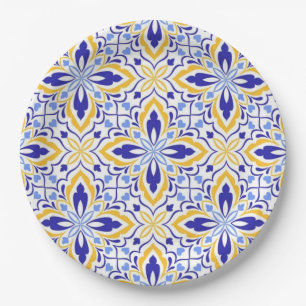 Grand Mosaic Blue and Gold Floral Mediterranean Paper Plates