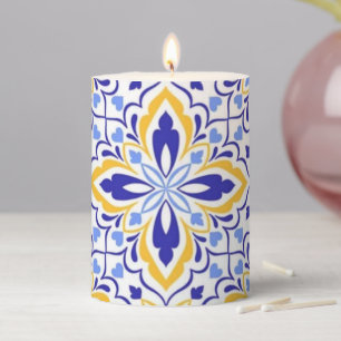 Grand Mosaic Blue and Gold Floral Mediterranean Pillar Candle