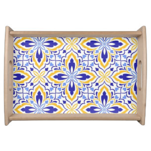 Grand Mosaic Blue and Gold Floral Mediterranean Serving Tray