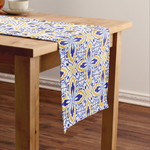 Grand Mosaic Blue and Gold Floral Mediterranean Short Table Runner