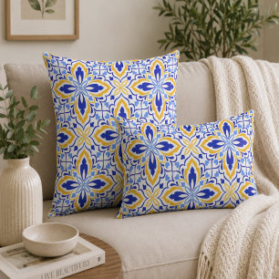 Grand Mosaic Blue and Gold Floral Mediterranean Throw Pillow