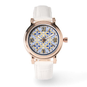 Grand Mosaic Blue and Gold Floral Mediterranean Watch