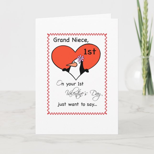 Grand Niece 1st Valentine's Day Cute Penguin Holiday Card (Front)