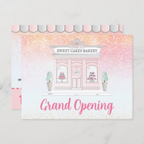 Grand Opening Bakery Cafe Pink Glitter Announcement Postcard