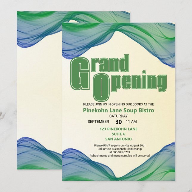 Grand Opening Blue Green Border Watercolor Waves Invitation (Front/Back)