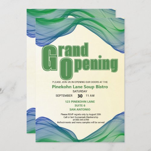 Grand Opening Blue Green Border Watercolor Waves Invitation