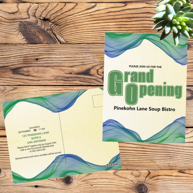 Grand Opening Blue Green Border Watercolor Waves Postcard (front and back template postcard grand opening announcement)
