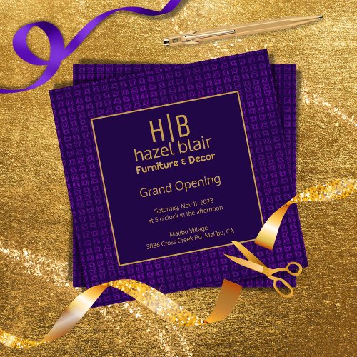 Grand Opening Business Gold Monogram Purple Sq Invitation