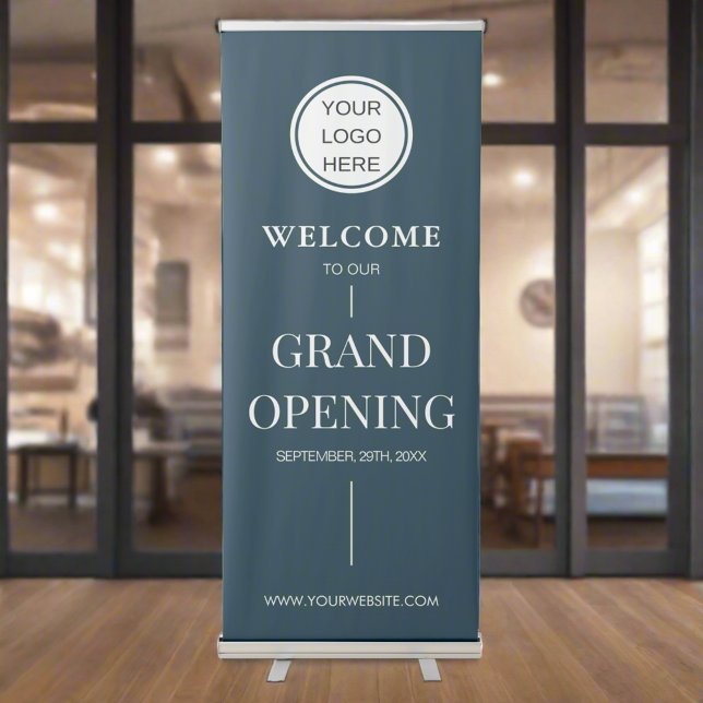 Grand Opening Business Logo Advertising Navy Blue  Retractable Banner (Creator Uploaded)
