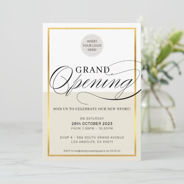 GRAND OPENING business logo black ivory gold Invitation (Standing Front)