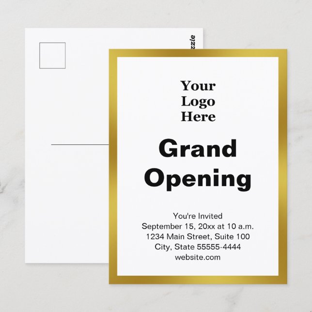 Grand Opening Business Logo Gold White Invitation Postcard (Front/Back)