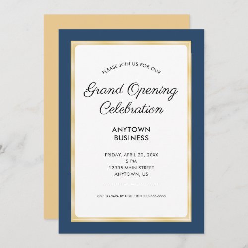 Grand Opening Celebration  Navy Blue and Gold Invitation