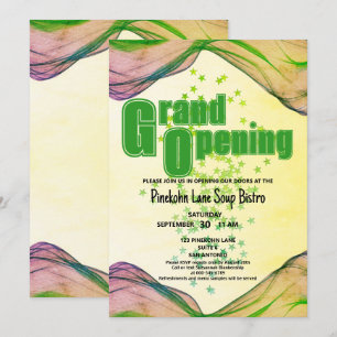 Grand Opening Green Yellow Border Wave Stars Invitation