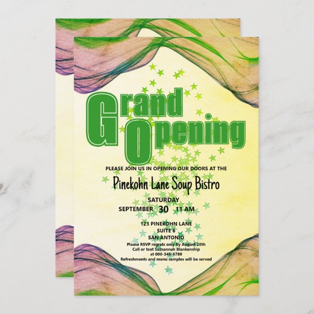Grand Opening Green Yellow Border Wave Stars Invitation (Front/Back)