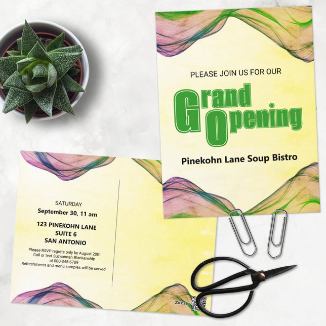 Grand Opening Green Yellow Watercolor Border Wave Postcard (Creator Uploaded)