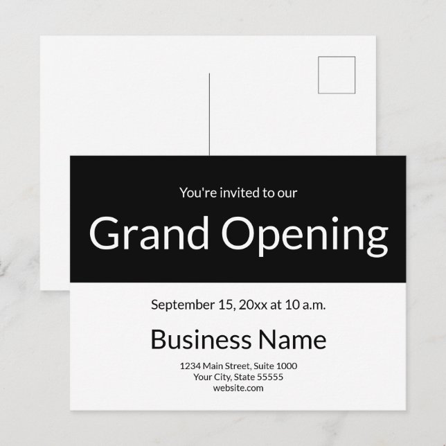 Grand Opening Invitation Business Black and White Postcard (Front/Back)