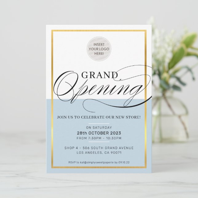 GRAND OPENING modern business logo pale blue gold Invitation (Standing Front)