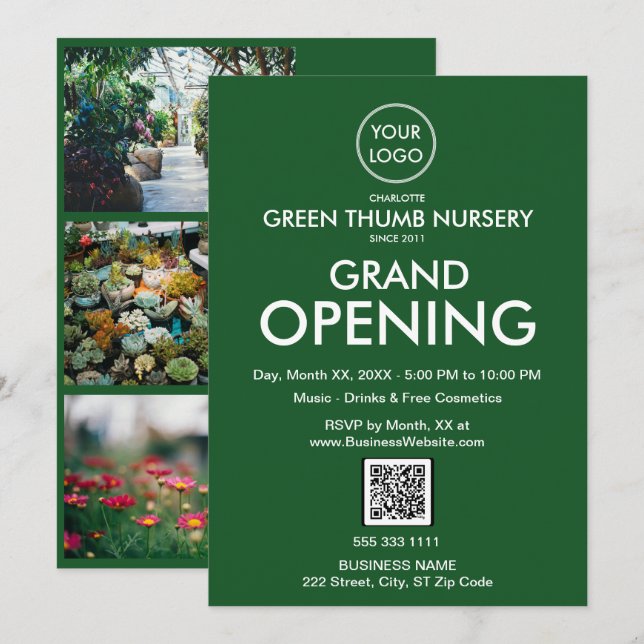 Grand Opening Modern Green Business Logo QR Code Invitation (Front/Back)