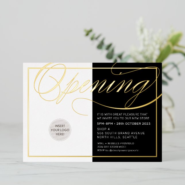 GRAND OPENING modern logo simple black gold Foil Invitation (Standing Front)