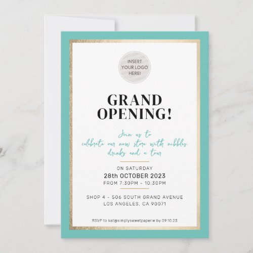 GRAND OPENING modern minimal logo mint green gold Invitation