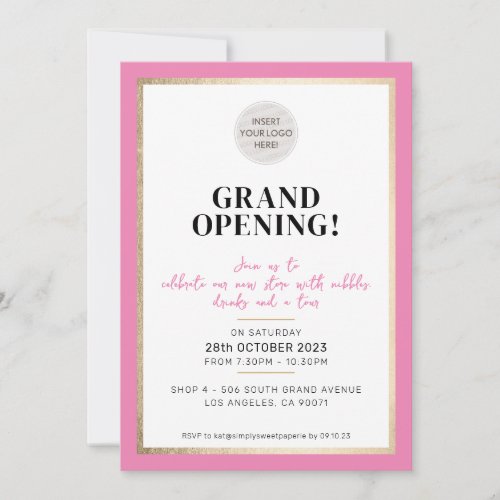 GRAND OPENING modern minimal logo pink black gold Invitation