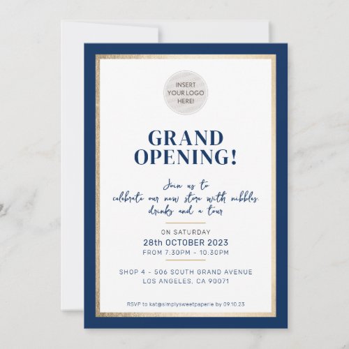 GRAND OPENING modern minimal logo store navy gold Invitation