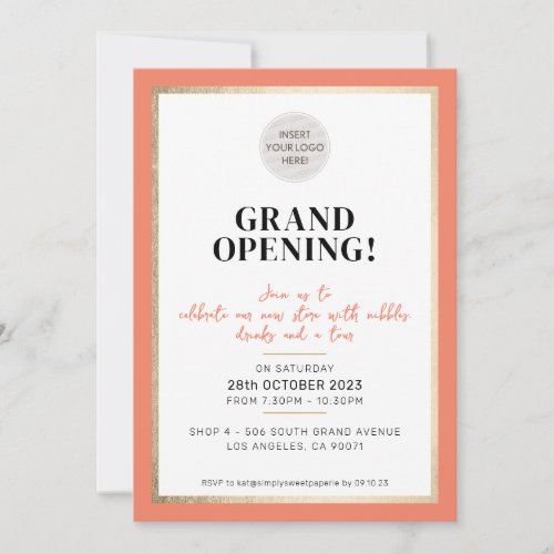 GRAND OPENING modern minimal logo store peach Invitation
