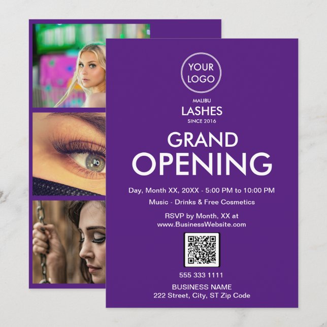 Grand Opening Modern Purple Business Logo QR Code Invitation (Front/Back)