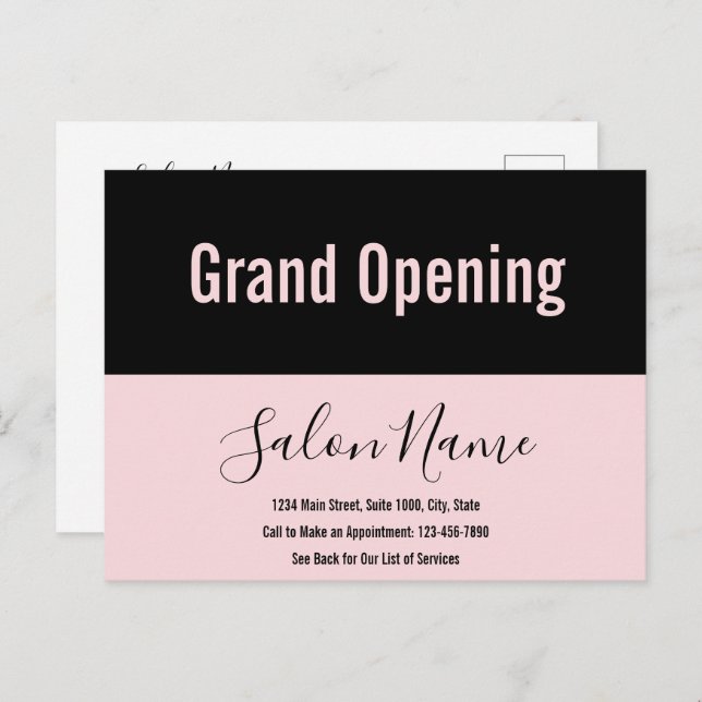 Grand Opening Pale Pink Black Script Beauty Salon Postcard (Front/Back)