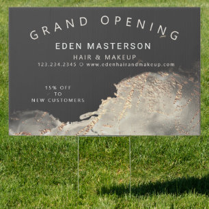 grand opening textured gold hair and makeup sign