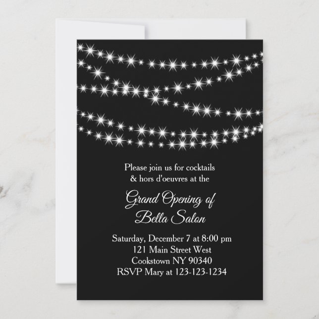 Grand Opening Twinkle Lights black Invitation (Front)