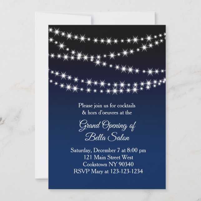 Grand Opening Twinkle Lights navy Invitation (Front)
