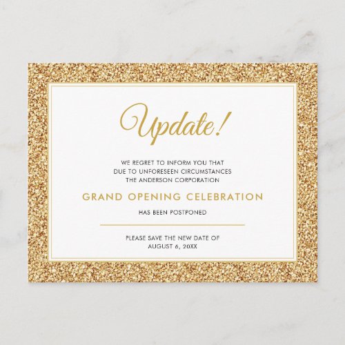 Grand Opening Update Canceled Gold Glitter Postcard