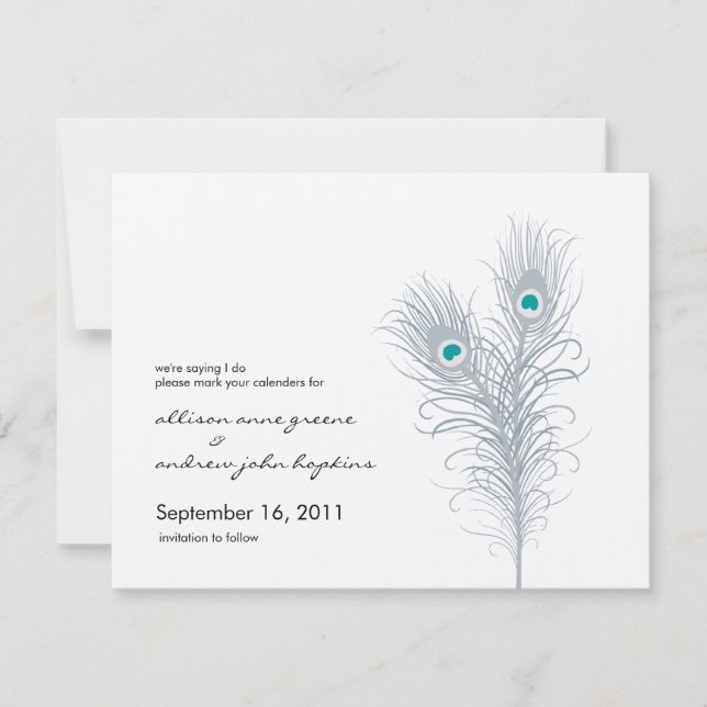Grand Peacock Metallic Silver/Teal Save the Date (Front)