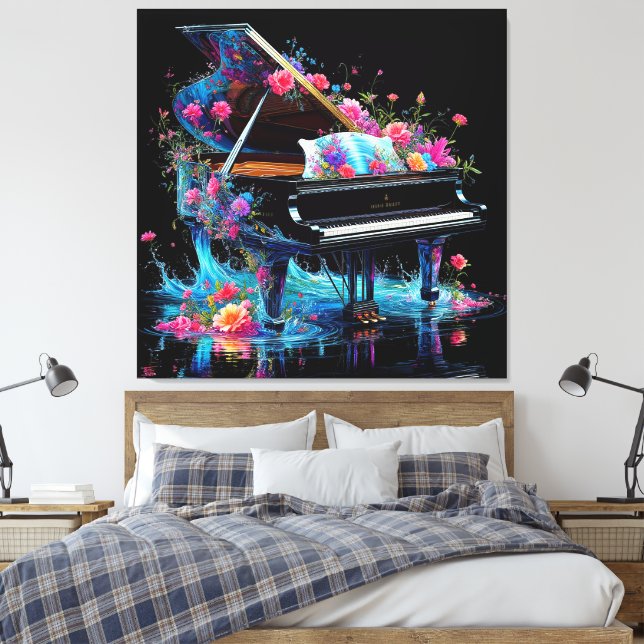 Grand Piano Adorned with Artistic Floral Canvas Print (Insitu(Bedroom))