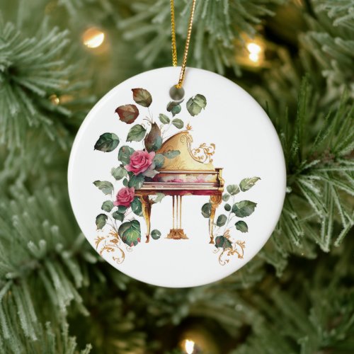 Grand Piano and Floral Christmas Ornament