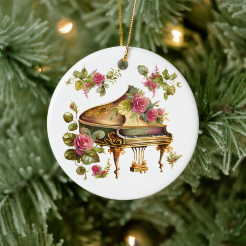 Grand Piano and Floral Christmas Ornament
