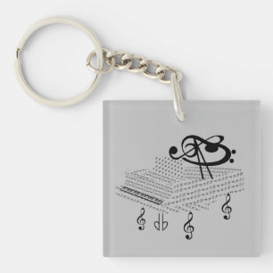 Grand piano and Ludwig van Beethoven, music notes Keychain