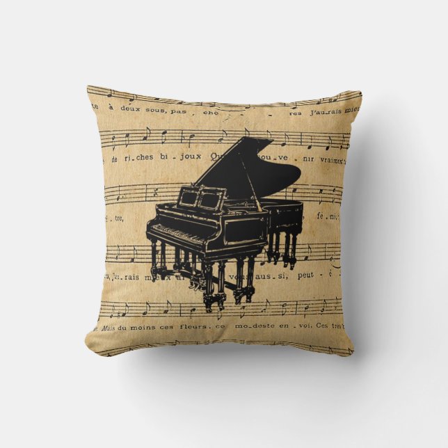 Grand Piano Antique French Sheet Music Throw Pillow (Front)