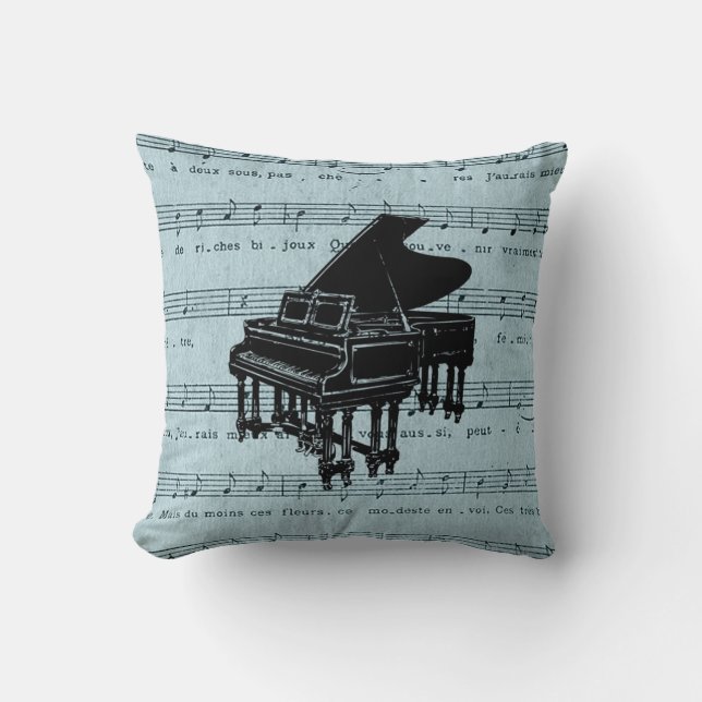 Grand Piano Blue Sheet Music Throw Pillow (Front)
