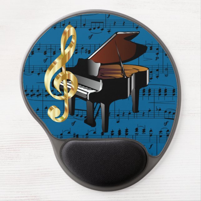 Grand Piano Gold Treble Clef Blue Sheet Music Gel Mouse Pad (Front)