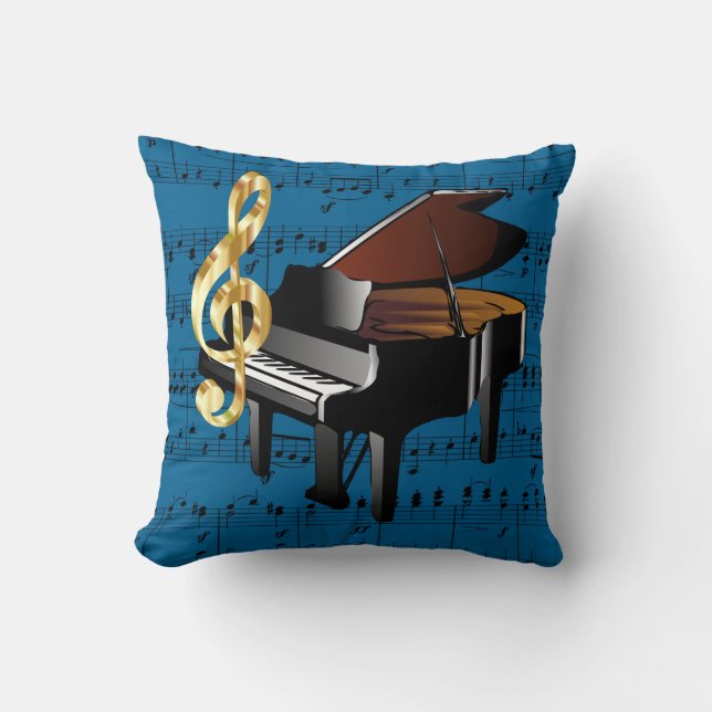 Grand Piano Gold Treble Clef Blue Sheet Music Throw Pillow (Front)