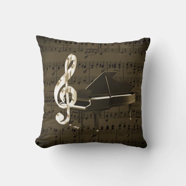 Grand Piano Gold Treble Clef Bronze Sheet Music Throw Pillow (Front)