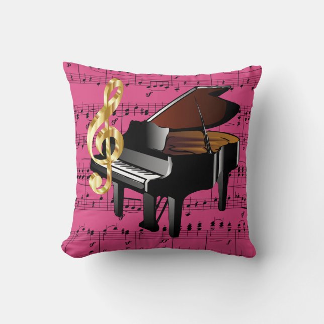Grand Piano Gold Treble Clef Fuchsia Sheet Music Throw Pillow (Front)