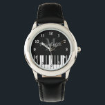 Grand piano keys kids watch with custom monogram<br><div class="desc">Custom name monogram black and white grand piano keys kids watch. Cute Birthday or Holiday gift idea for boy or girl. Unique personalized presents for piano player, pianist, piano teacher, instructor, musician, music lessons, students, children etc. Elegant black and white monogrammed wristwatch design with classical instrument keyboard design. Personalize this...</div>
