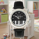 Grand piano keys kids watch with custom monogram<br><div class="desc">Custom name monogram black and white grand piano keys kids watch. Cute Birthday or Holiday gift idea for boy or girl. Unique personalized presents for piano player, pianist, piano teacher, instructor, musician, music lessons, students, children etc. Elegant black and white monogrammed wristwatch design with classical instrument keyboard design. Personalize this...</div>