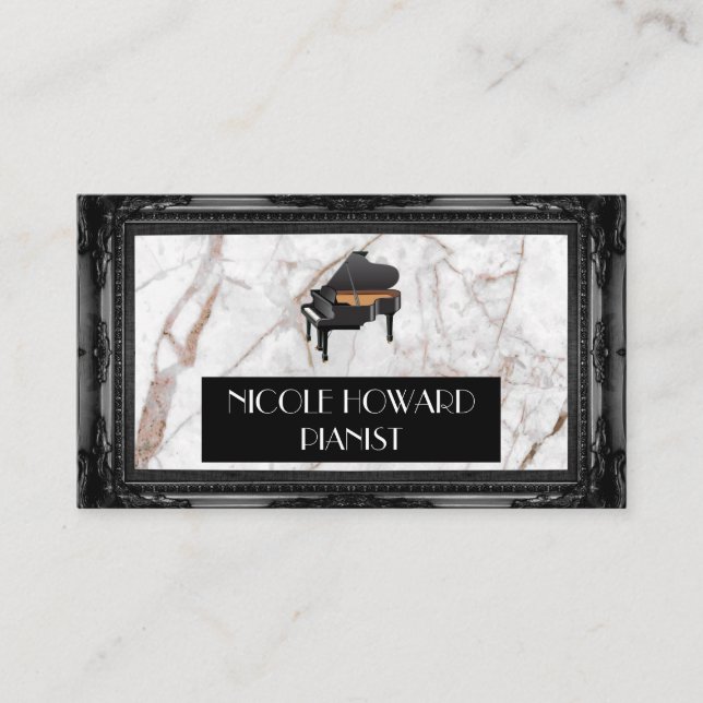 Grand Piano | Marble and Classic Black Frame Business Card (Front)