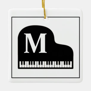 Grand Piano Monogram Pianist Black and White Ceramic Ornament