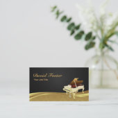 Grand Piano Pianist Elegant Black Gold Damask Business Card (Standing Front)