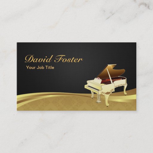 Customizable Grand Piano Pianist Elegant Black Gold Damask Business Card Template